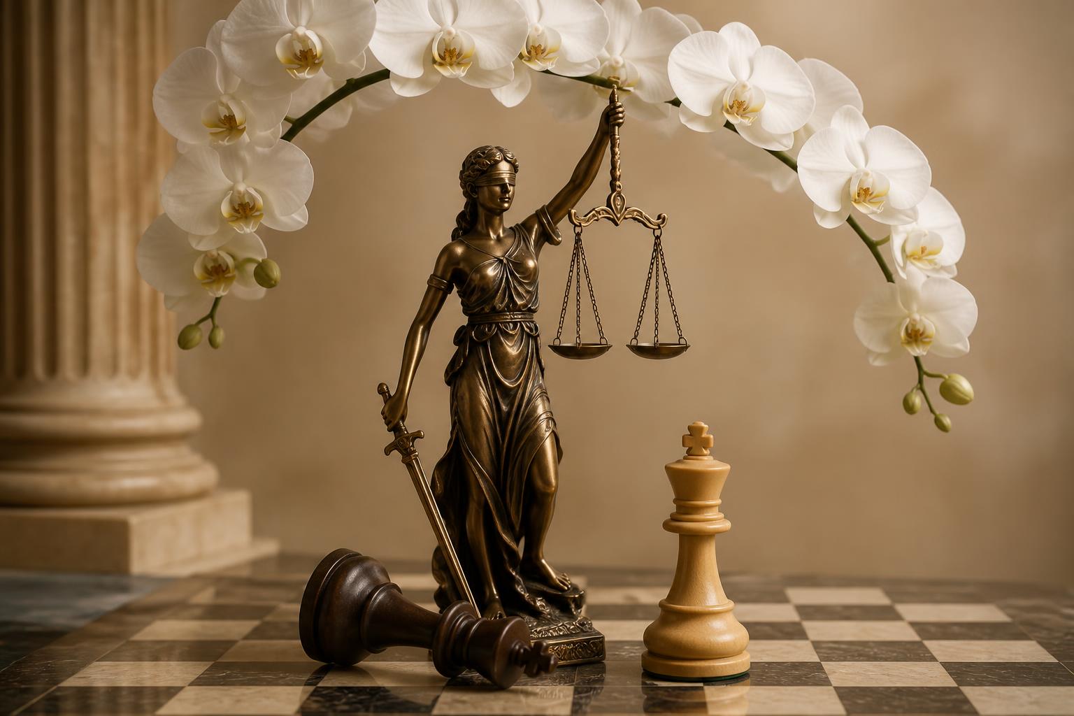 Justitia mit Waage, umrahmt von weißen Orchideen auf Schachbrett