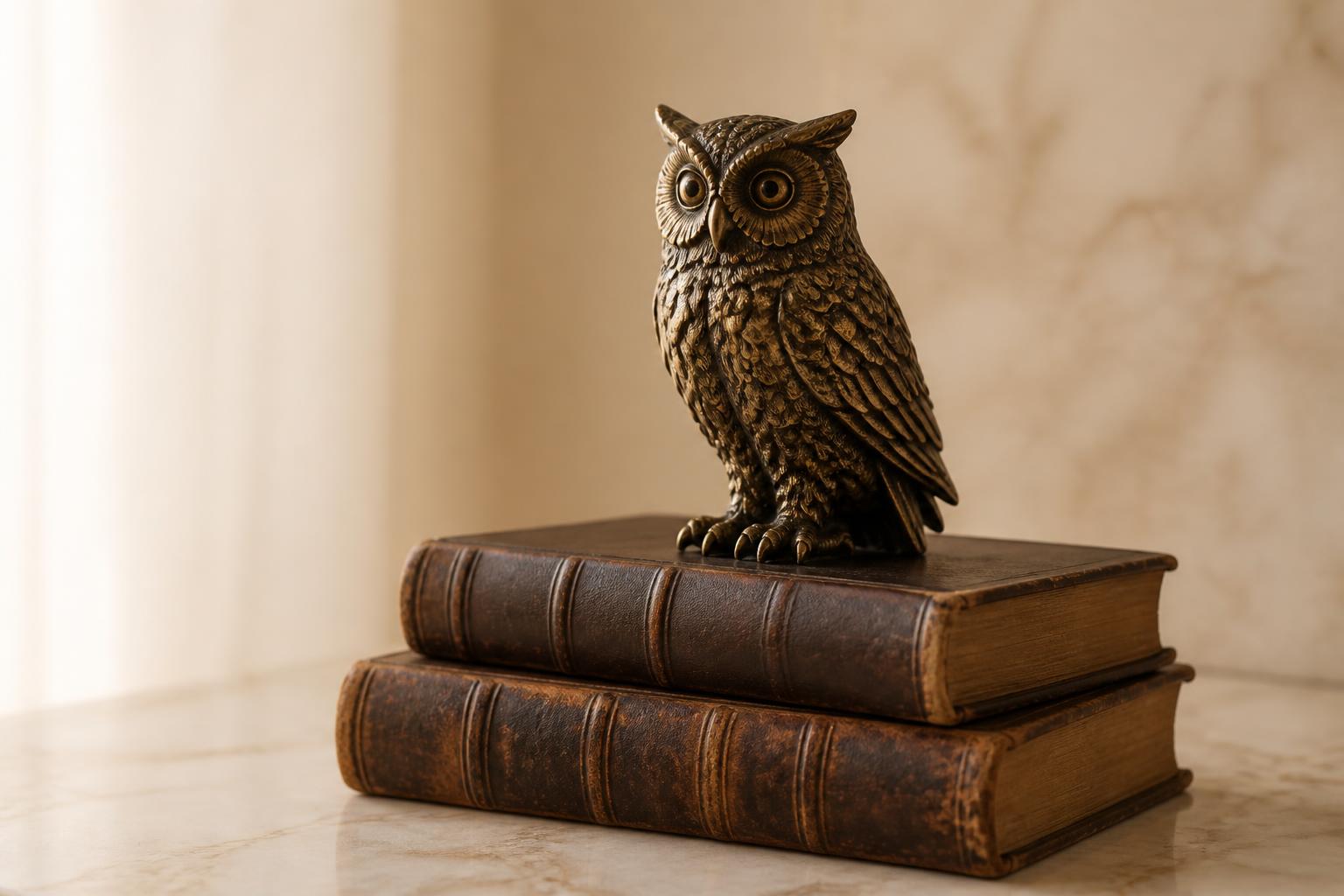 Бронзовая фигурка совы на двух старинных юридических книгах