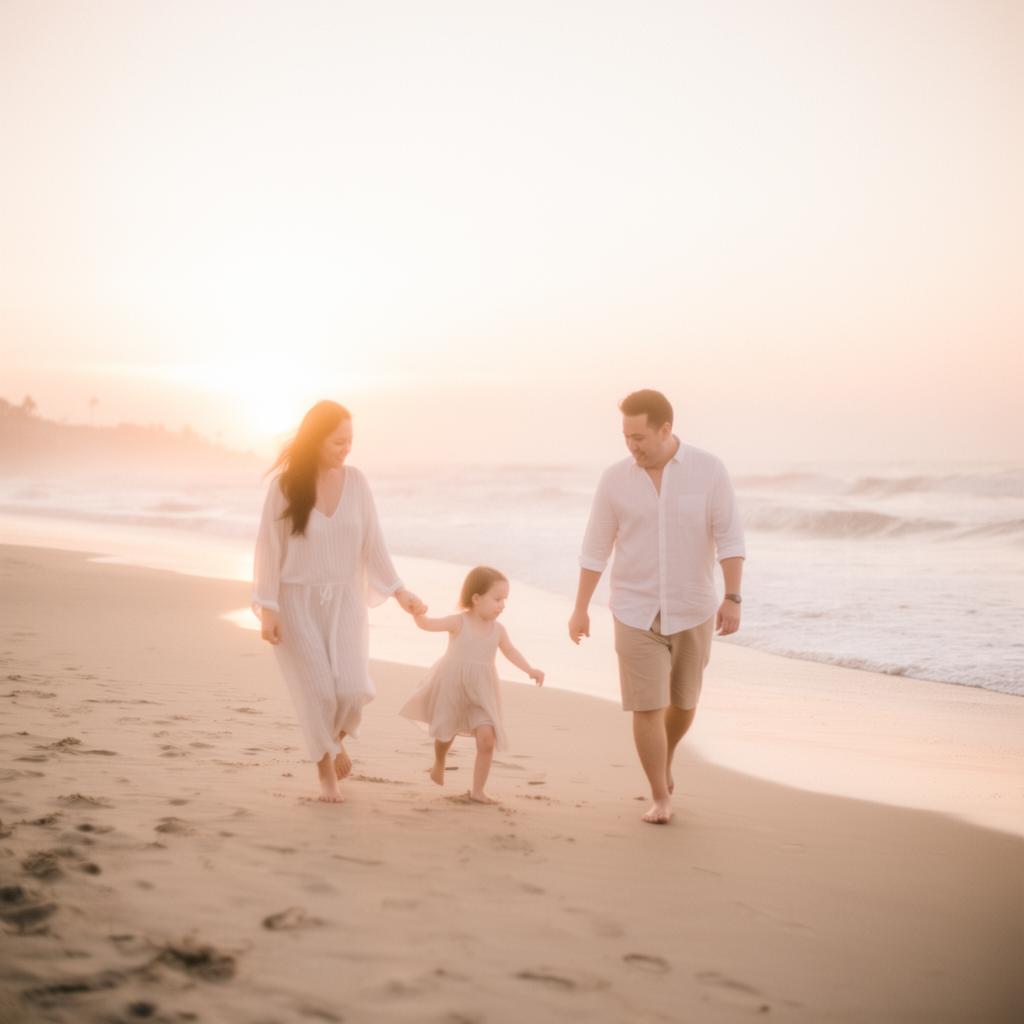Familie bei Sonnenuntergang am Strand